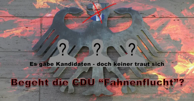 Bundesadler mit durchgestrichenem Merz-Portrait und drei Fragezeichen-Silhouetten – CDU-Kanzlerwechseldebatte