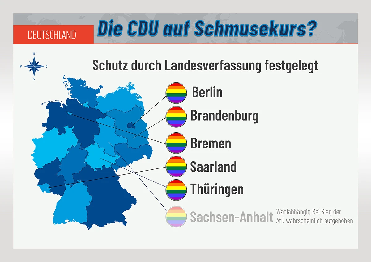 Deutschlandkarte: Bundesländer mit Verfassungsschutz für sexuelle Identität; Sachsen-Anhalt grau mit Hinweis auf mögliche Aufhebung bei AfD-Sieg