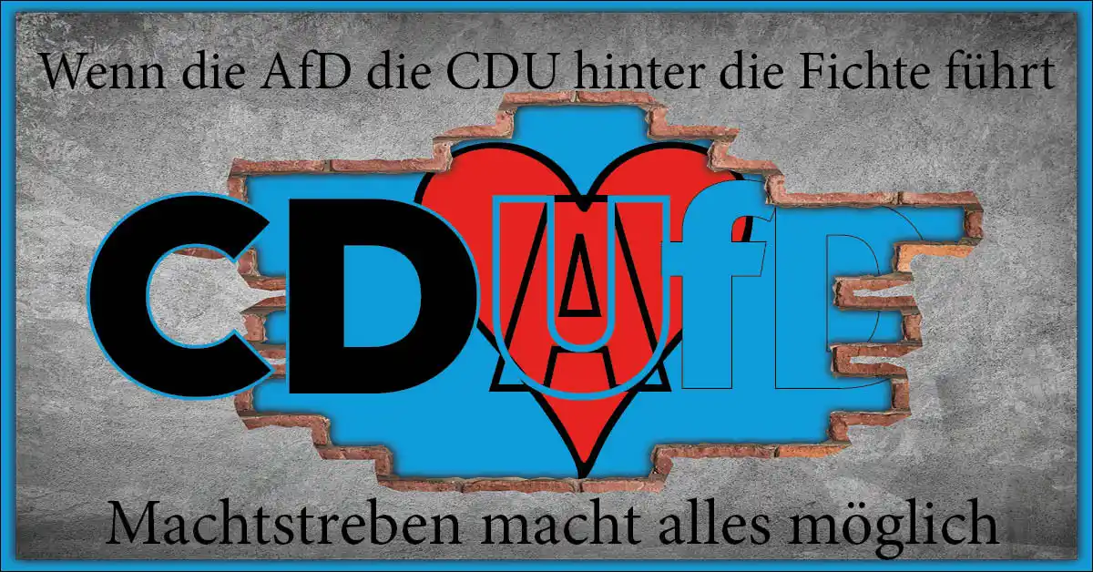 CDU- und AfD-Logo durch Mauerriss verbunden — Symbolbild für Machterhalt auf Kosten der Brandmauer in Sachsen-Anhalt