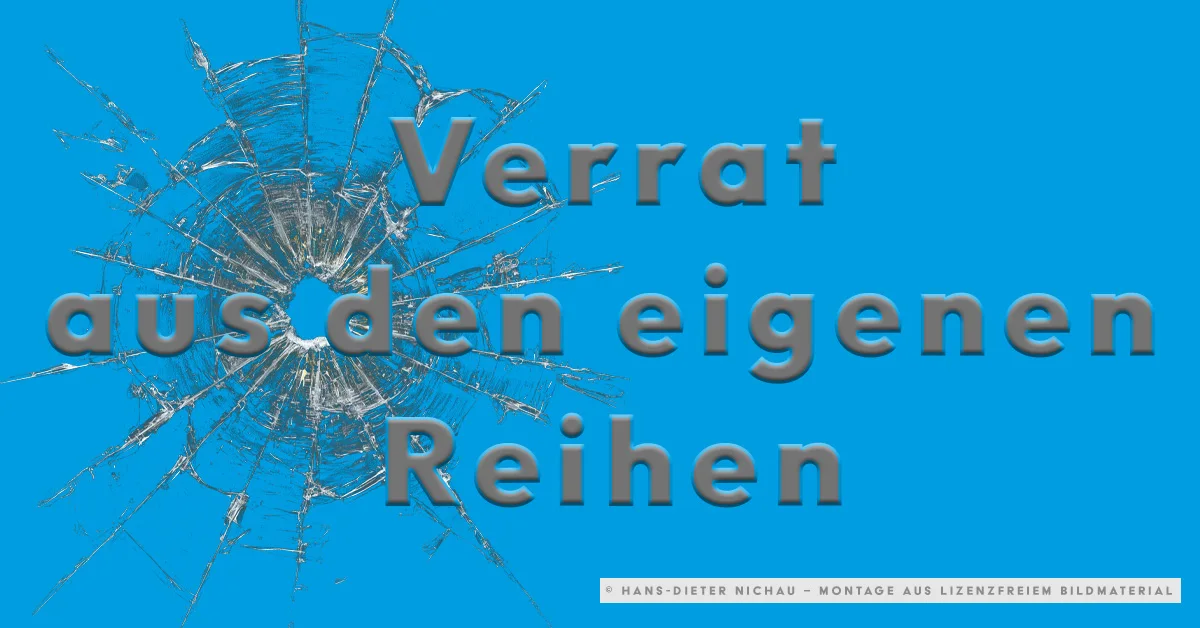 Zerschlagenes Glas auf AfD-blauem Hintergrund, Text: Verrat aus den eigenen Reihen — Symbolbild für CDU-Brandmauer-Bruch