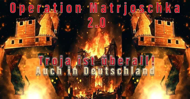 Trojanische Pferde in Flammen – Symbol für Russlands Desinformationskampagne Operation Matrjoschka 2.0 gegen deutsche Landtagswahlen 2026