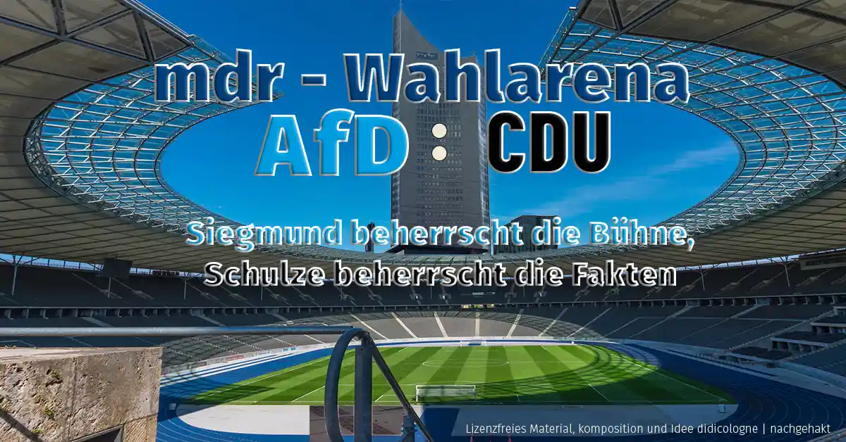 Zwei Männer im Anzug an Stehtischen — Ulrich Siegmund (AfD) und Sven Schulze (CDU) in der MDR-Wahlarena Sachsen-Anhalt 2026