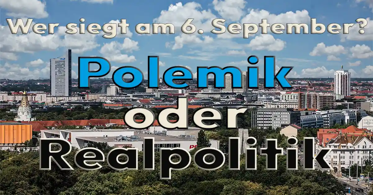Magdeburg Stadtpanorama mit Textoverlay: Wer siegt am 6. September — Polemik oder Realpolitik