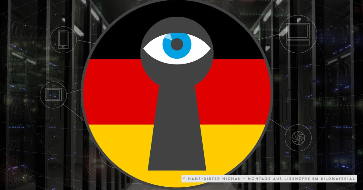 Deutschlandfahne mit Schlüsselloch und Auge: Symbolbild zur Nachrichtendienstreform BND und Verfassungsschutz 2026