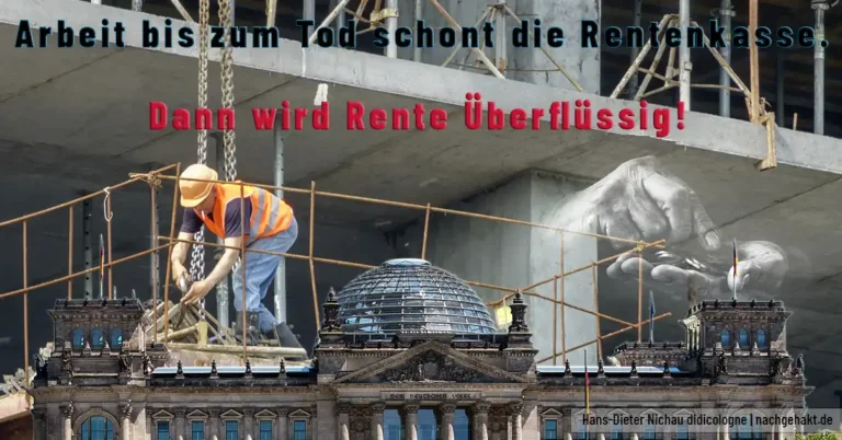 Bauarbeiter auf Gerüst vor dem Bundestag — Symbolbild zur Abschaffung der Rente mit 63 durch die Bundesregierung.