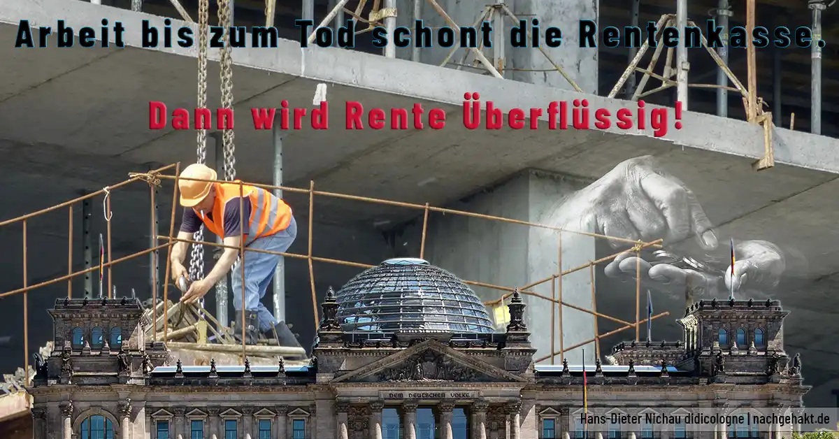 Bauarbeiter auf Gerüst vor dem Bundestag — Symbolbild zur Abschaffung der Rente mit 63 durch die Bundesregierung.