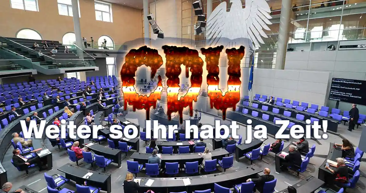 Brennendes CDU-Logo im Deutschen Bundestag – Symbol für den Koalitionsstreit um die Rentenreform