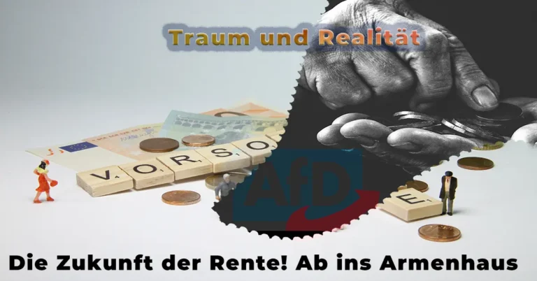 Collage: links bunte Scrabble-Steine mit „Vorsorge", Euromünzen und Miniaturfiguren; rechts schwarzweiß alte Hände mit Kleingeld; AfD-Logo als verbindendes Element
