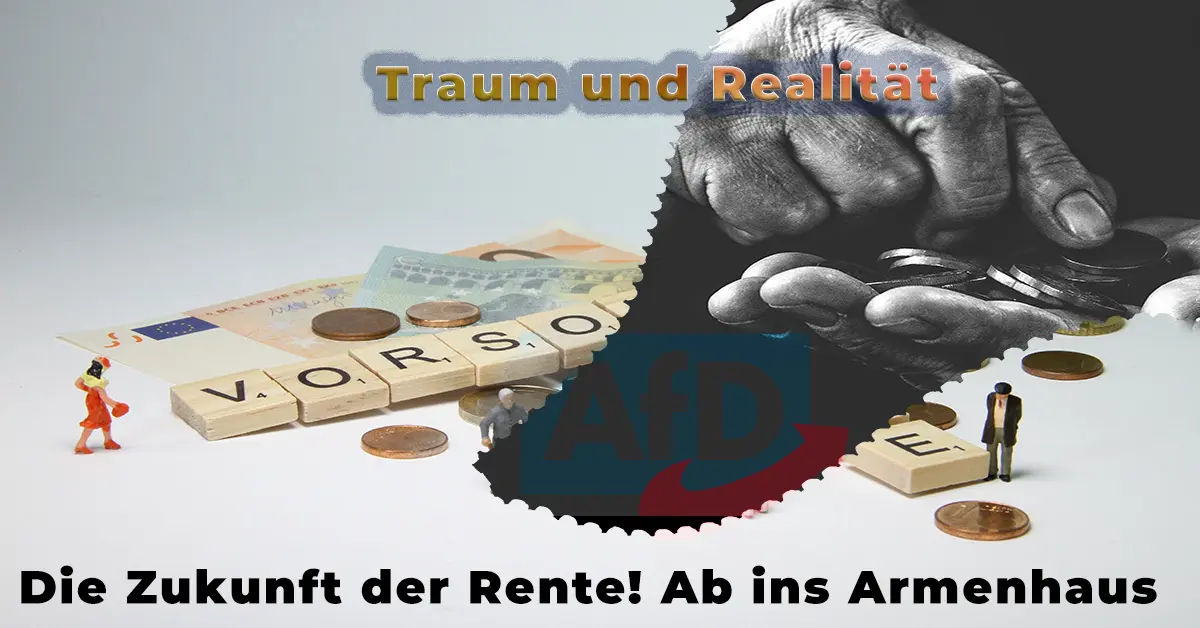 Collage: links bunte Scrabble-Steine mit „Vorsorge", Euromünzen und Miniaturfiguren; rechts schwarzweiß alte Hände mit Kleingeld; AfD-Logo als verbindendes Element