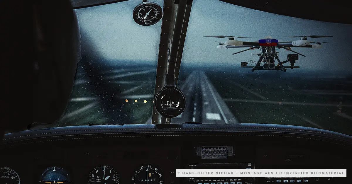 Blick aus Cockpit auf Drohne auf dem Rollfeld — Symbolbild für den Semtex-Anschlag Leipzig August 2026