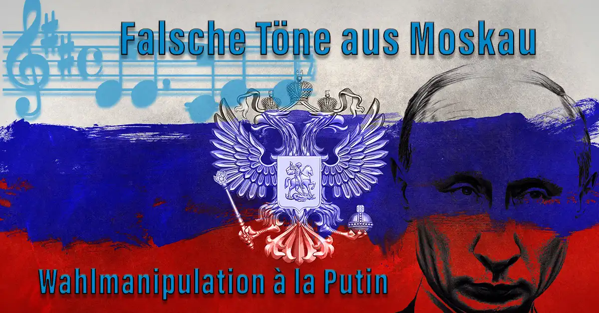 Karikatur Putin vor russischer Flagge — Wahlmanipulation durch Desinformation