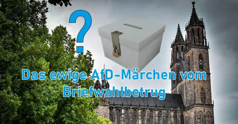 Magdeburger Dom mit Wahlurne und Fragezeichen – Das ewige AfD-Märchen vom Briefwahlbetrug