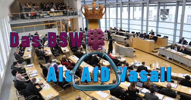 Plenarsaal des Landtags Sachsen-Anhalt mit Krone und Steigbügel, Schriftzug: Das BSW als AfD-Vasall