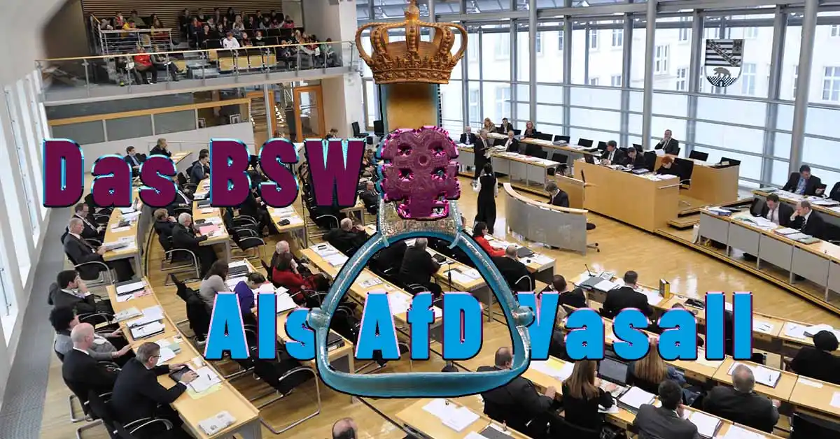 Plenarsaal des Landtags Sachsen-Anhalt mit Krone und Steigbügel, Schriftzug: Das BSW als AfD-Vasall