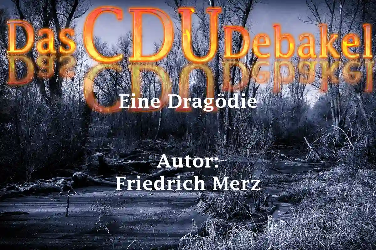 Symbolbild: Das CDU Debakel - Eine Dragodie, Autor: Friedrich Merz - Dustere Waldlandschaft, Schriftzug in Flammen - Landtagswahl MV 2026
