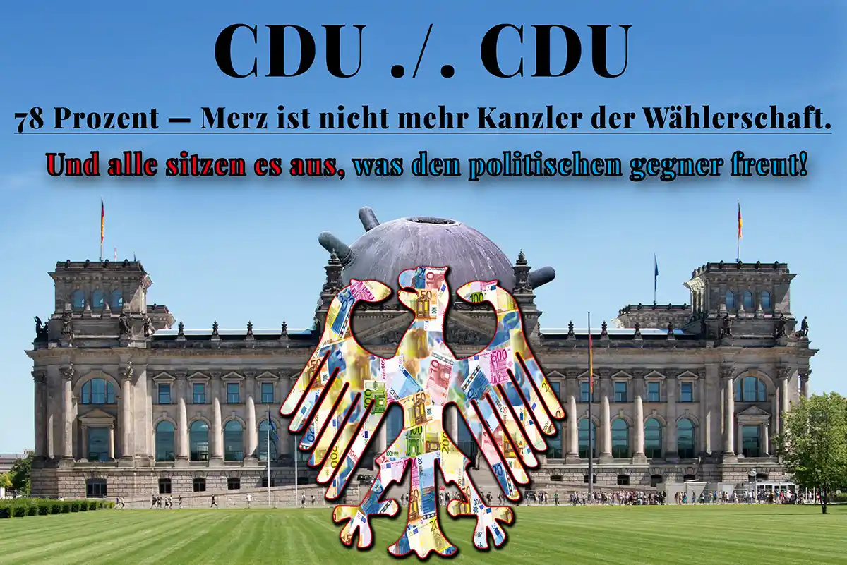 Reichstag mit ersetzter Kuppel durch Wassermine, Bundesadler aus Euro-Scheinen, Textoverlay: 78 Prozent — Merz ist nicht mehr Kanzler der Wählerschaft
