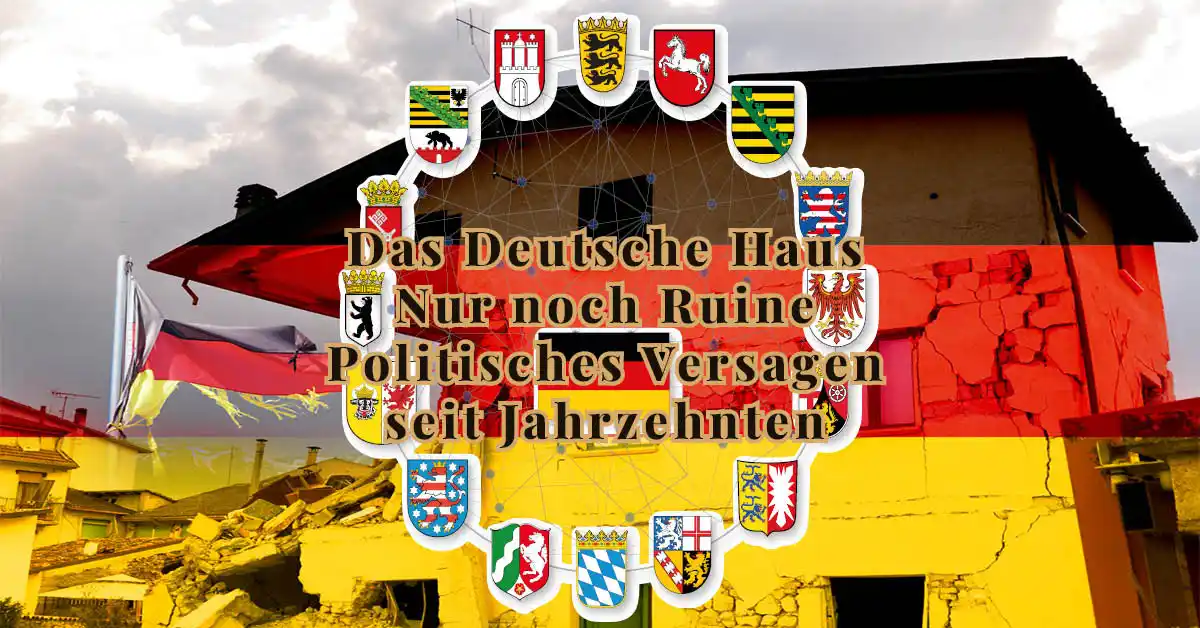 Ruine mit Deutschlandfahne und allen 16 Bundeslandwappen – Das Deutsche Haus: politisches Versagen seit Jahrzehnten.