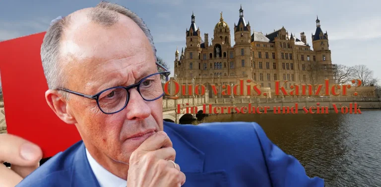 Friedrich Merz nachdenklich mit roter Karte, im Hintergrund das Schweriner Schloss — Titelkomposition zum Artikel über Merz' Abwehrstrategie