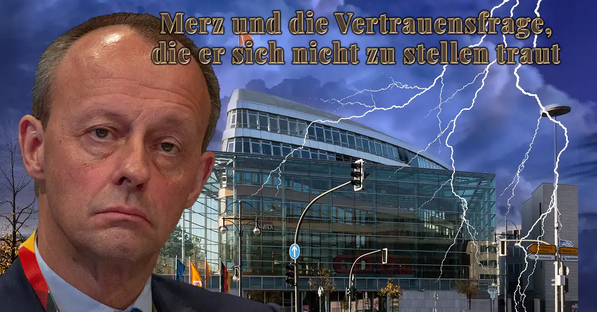Friedrich Merz vor dem Konrad-Adenauer-Haus im Gewitterlicht — Merz und die Vertrauensfrage