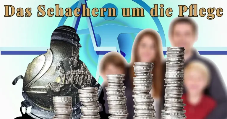 Münzstapel in steigender Höhe vor einer verschwommenen Familie, Symbolbild zum Streit um die Pflegereform
