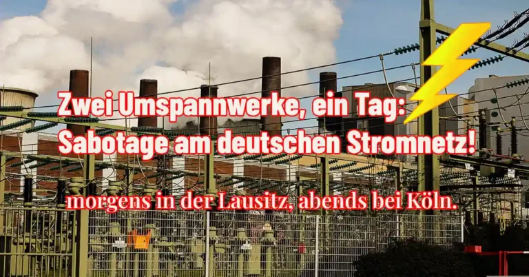 Umspannwerk vor Braunkohle-Kraftwerk-Silhouette – Sabotageakte am 1. September 2026