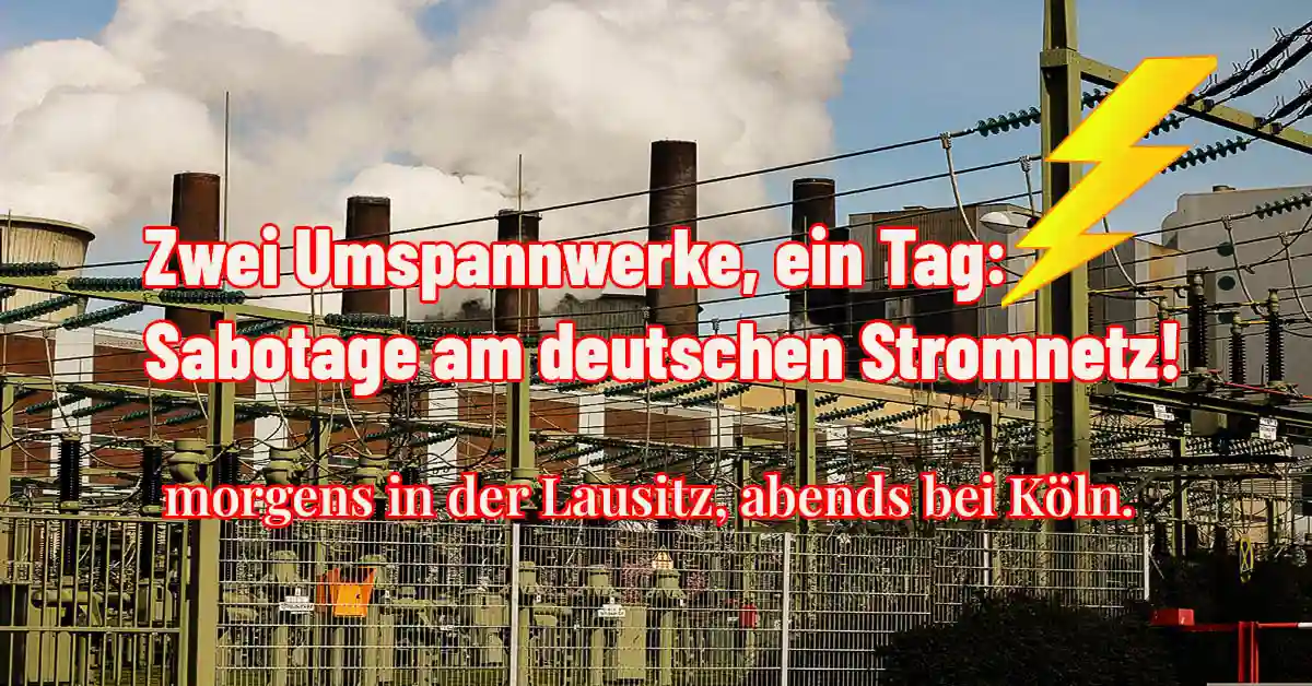 Umspannwerk vor Braunkohle-Kraftwerk-Silhouette – Sabotageakte am 1. September 2026