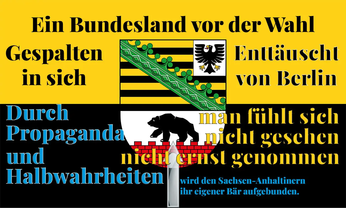 Sachsen-Anhalt-Wappen auf zweifarbigem Hintergrund mit Texten über Spaltung, Propaganda und politische Enttäuschung vor der Landtagswahl 2026