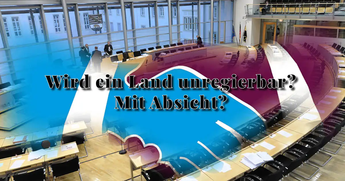 Plenarsaal des Landtags Sachsen-Anhalt mit AfD- und BSW-Farben und dem Text: Wird ein Land unregierbar? Mit Absicht?