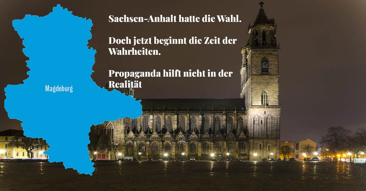 Sachsen-Anhalt-Silhouette in Blau neben dem Magdeburger Dom bei Nacht — Propaganda hilft nicht in der Realität