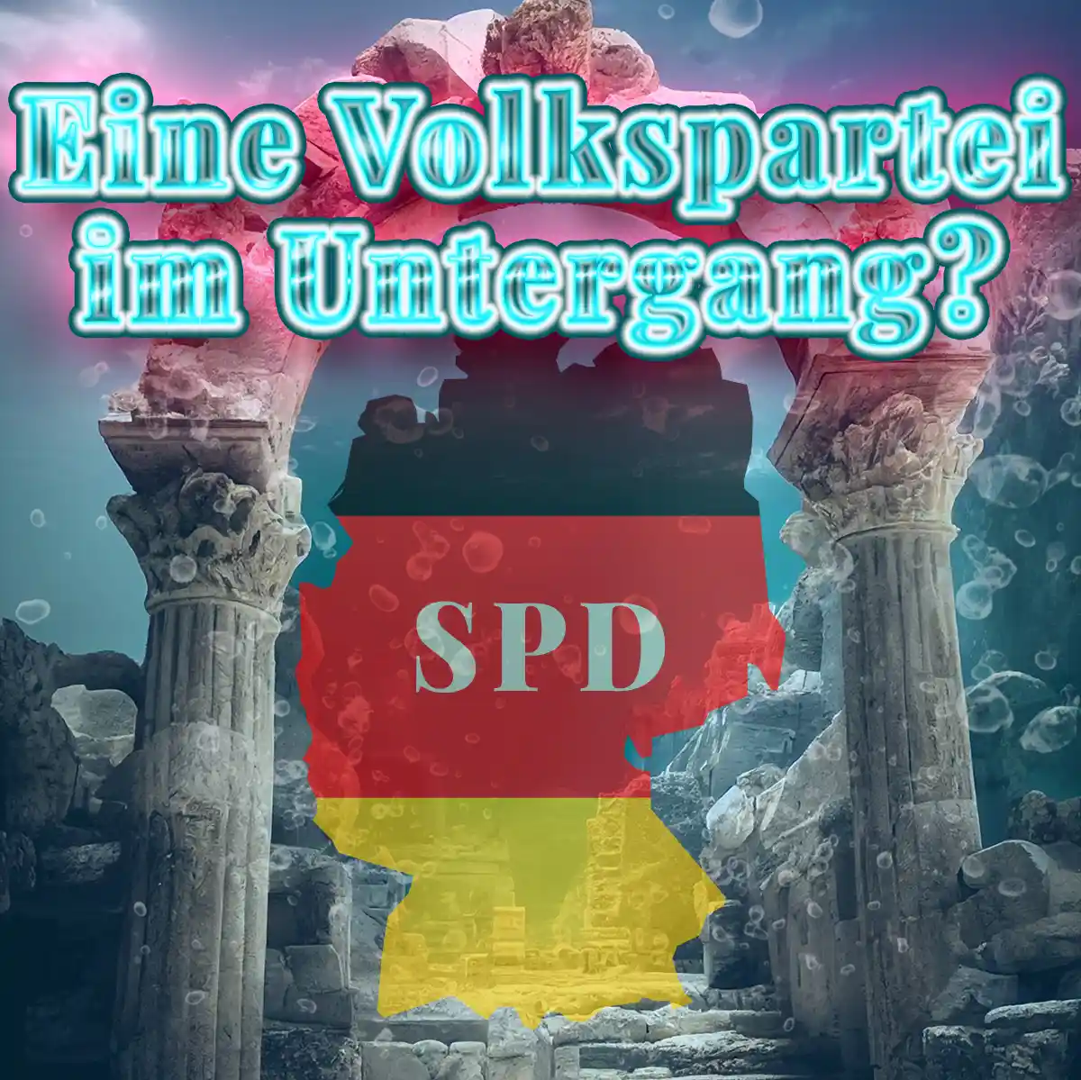 Symbolbild: Deutschlandkarte mit SPD-Schriftzug zwischen versunkenen antiken Ruinen - Eine Volkspartei im Untergang - Abgeordnetenhauswahl Berlin 2026