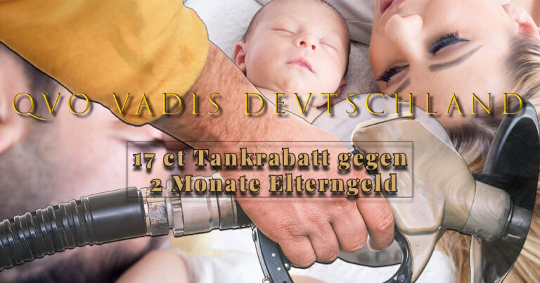 Collage: Hand mit Zapfpistole vor schlafendem Baby und Eltern, Schriftzug 17 ct Tankrabatt gegen 2 Monate Elterngeld