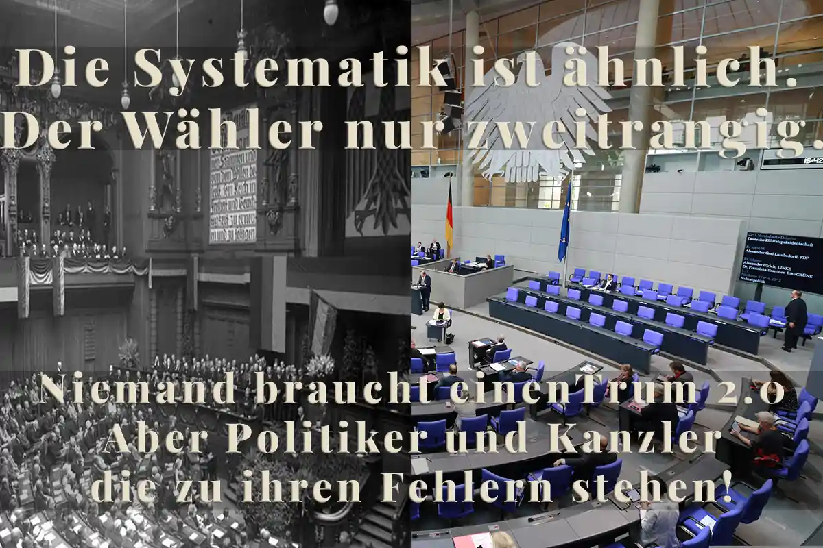 Split-Bild: links historische Reichstagssitzung Weimarer Republik 1926, rechts moderner Bundestag