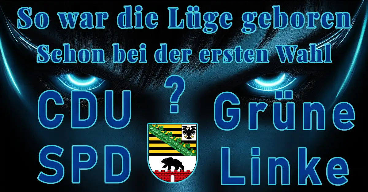 Dunkles Gesicht mit leuchtenden Augen, Wappen Sachsen-Anhalts, Parteinamen CDU, SPD, Grüne, Linke und ein Fragezeichen